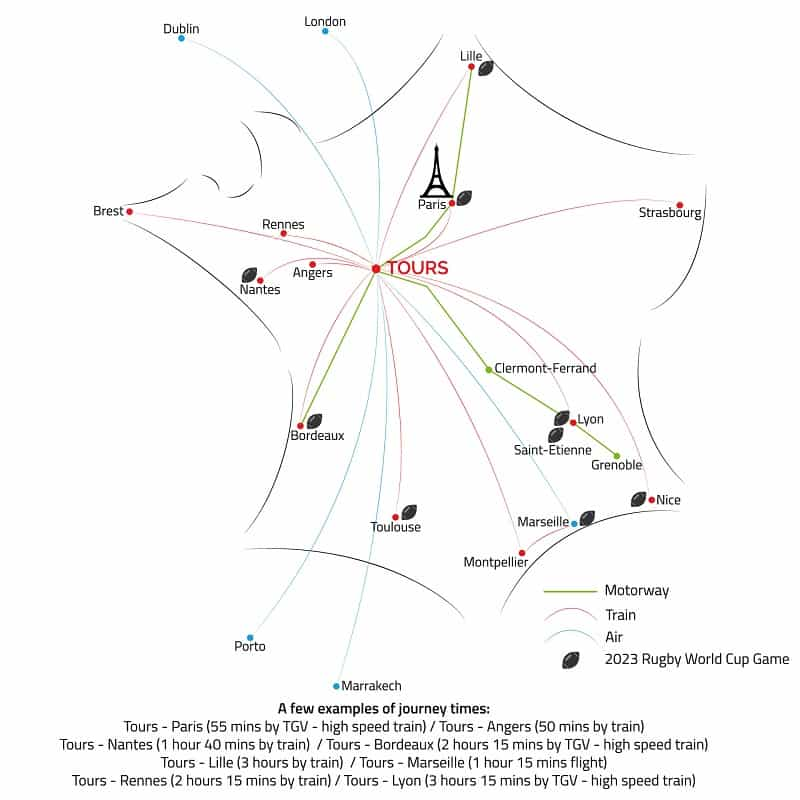 Map of the rugby world cup 2023 in France. Irish rugby team will be here during the 2023 Rugby World Cup.