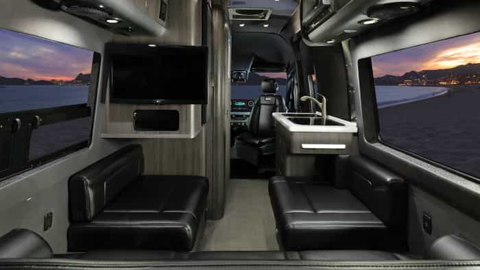 Interior of the SS Agile, a small RV / camper van looking towards the seating/bed area in the rear