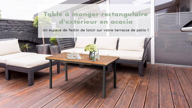 Table de Jardin Extérieur en Bois d'Acacia avec Trou de Parasol Rectangulaire Cadre en Acier pour 6-8 Personnes 140x75x76CM