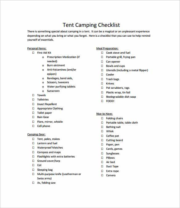 Modèle de liste de contrôle pour le camping en tente au format PDF