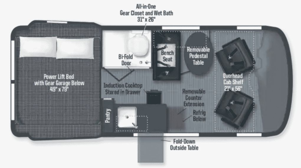 Floorplan of the Airstream Interstate 19 campervan